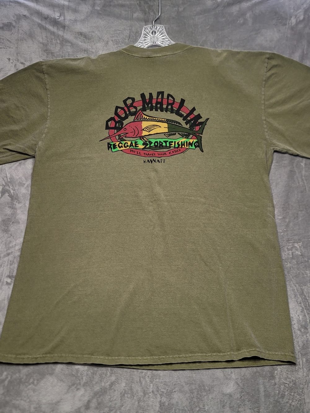 Vintage Crazy Shirts Hawaii Hemp Dyed T-Shirt XXL Bob Marlin Reggae Sportfishing